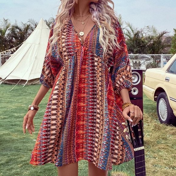 . Dresses & Skirts - Red Boho Womens Geo Print Batwing Sleeve Smock Dress